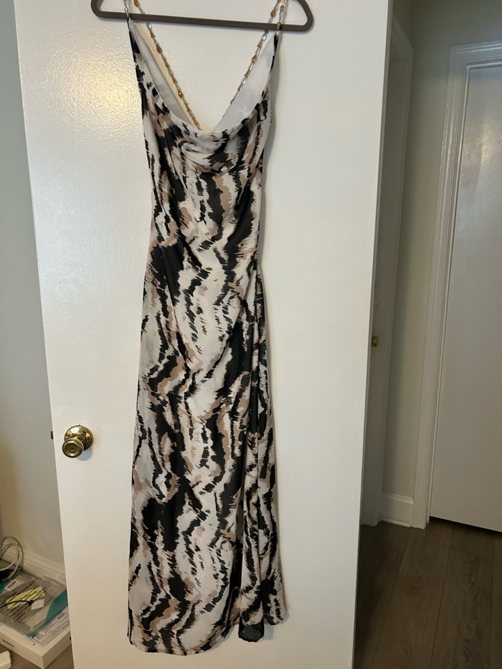Boohoo Animal Print Slip Cowl Neck Maxi Dress with Beaded Straps